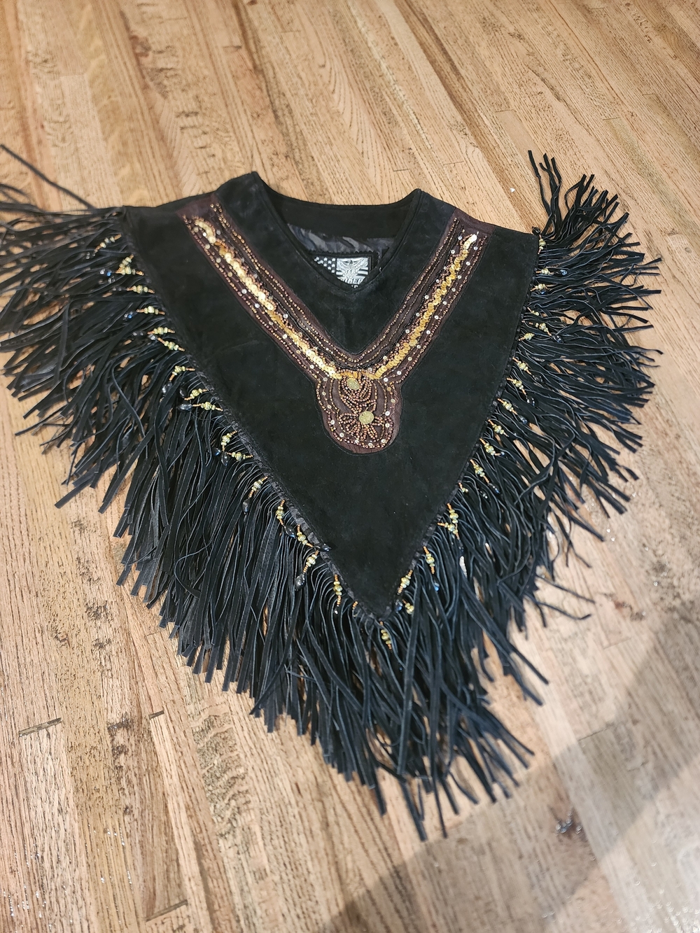 Black Suede Fringe Poncho with Metallic Embroidery